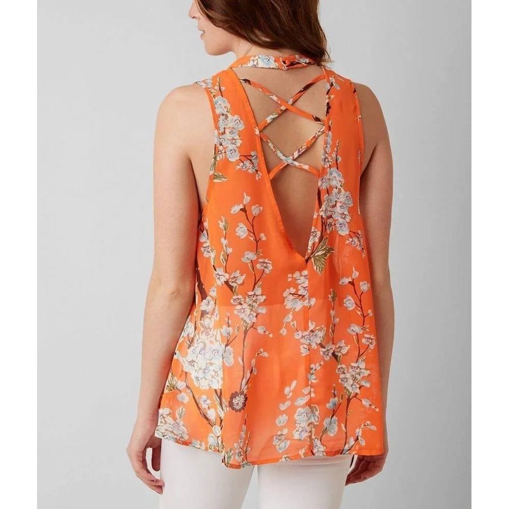 Miss Me Orange Floral Choker Neck Open Back Crisscross Blouse MDT1017T L - Picture 1 of 14